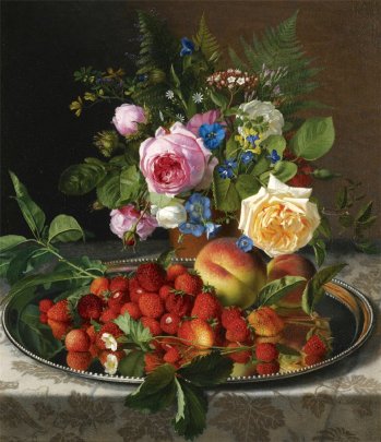 Otto Didrik Ottesen - Still life with roses and strawberries on a silver salver
